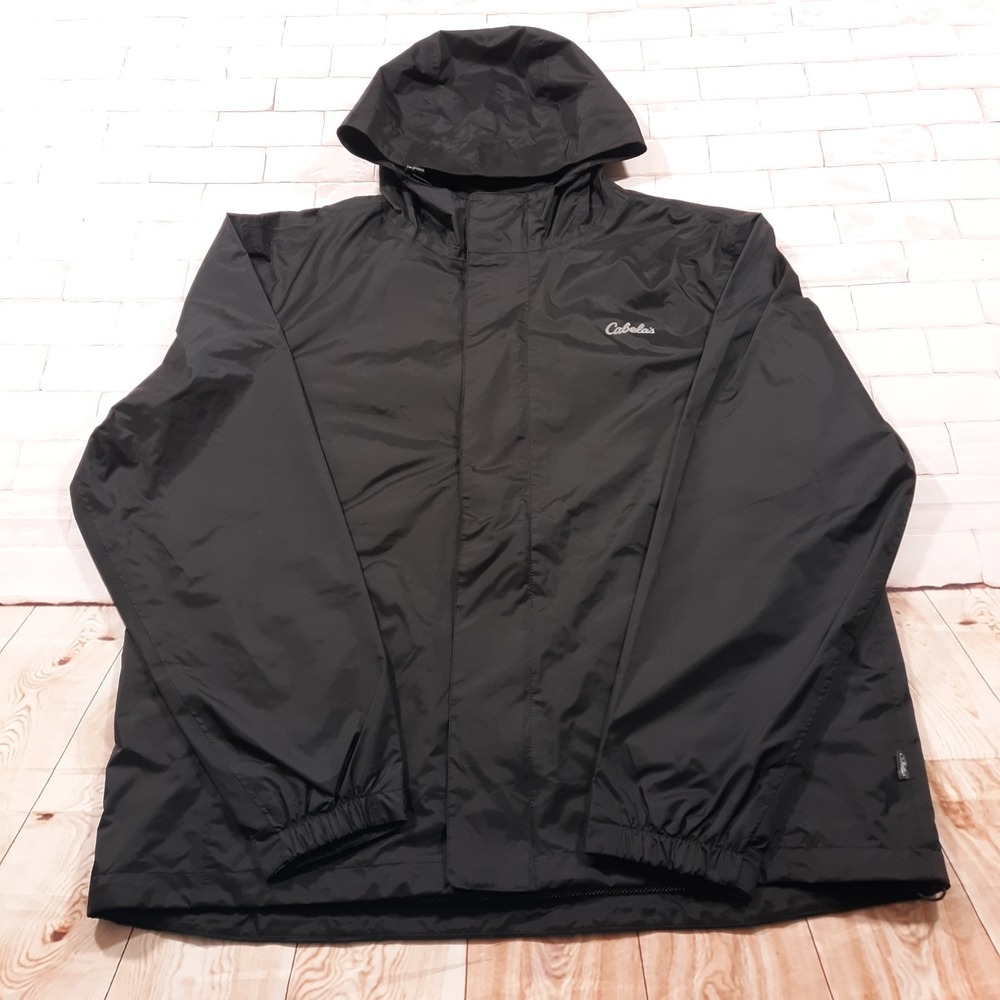 Cabela's Rain Jacket Full Zip Outdoor Mens L Windbreaker Hooded Black Nylon
